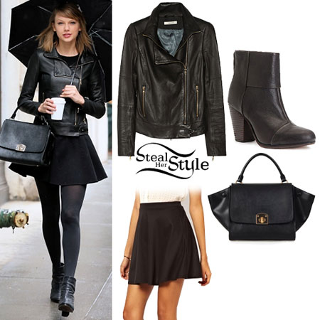 Taylor Swift Crna kozna jakna i mini suknja